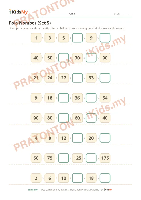 Pratonton muka 1 lembaran Pola Nombor (Set 5) — Matematik Tahun 2