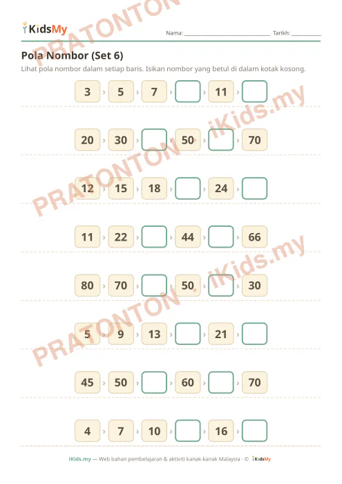 Pratonton muka 1 lembaran Pola Nombor (Set 6) — Matematik Tahun 2