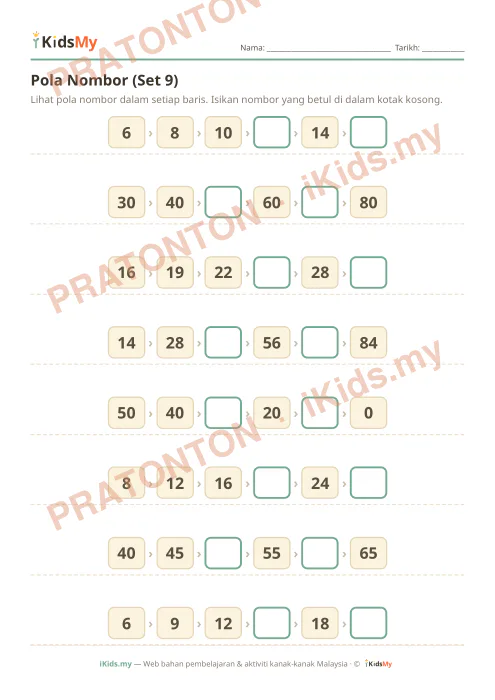 Pratonton muka 1 lembaran Pola Nombor (Set 9) — Matematik Tahun 2