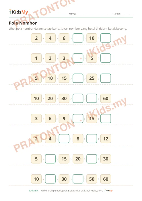 Pratonton muka 1 lembaran Pola Nombor — Matematik Tahun 1