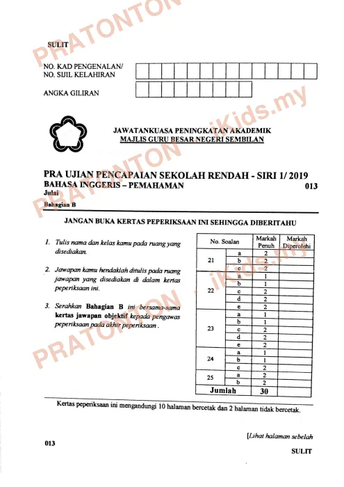 Pratonton muka 1 lembaran Pra UPSR Siri 1/2019 Negeri Sembilan — Bahasa Inggeris Pemahaman Bahagian B — Bahasa Inggeris Tahun 6