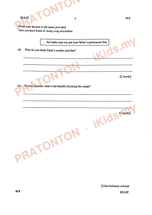 Pratonton muka 5 lembaran Pra UPSR Siri 1/2019 Negeri Sembilan — Bahasa Inggeris Pemahaman Bahagian B — Bahasa Inggeris Tahun 6