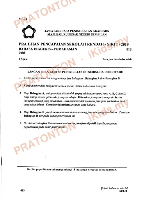 Pratonton muka 1 lembaran Pra UPSR Siri 1/2019 Negeri Sembilan — Bahasa Inggeris Pemahaman Bahagian A — Bahasa Inggeris Tahun 6