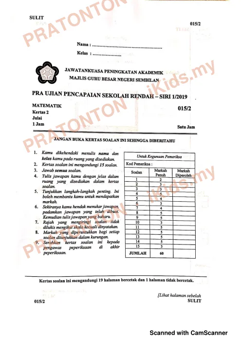 Pratonton muka 1 lembaran Pra UPSR Siri 1/2019 Negeri Sembilan — Matematik Kertas 2 — Matematik Tahun 6