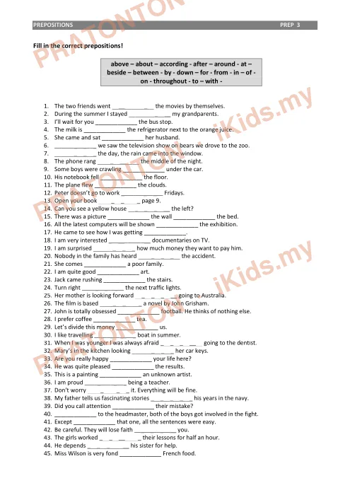 Pratonton muka 1 lembaran PREPOSITIONS — Bahasa Inggeris Tahun 1