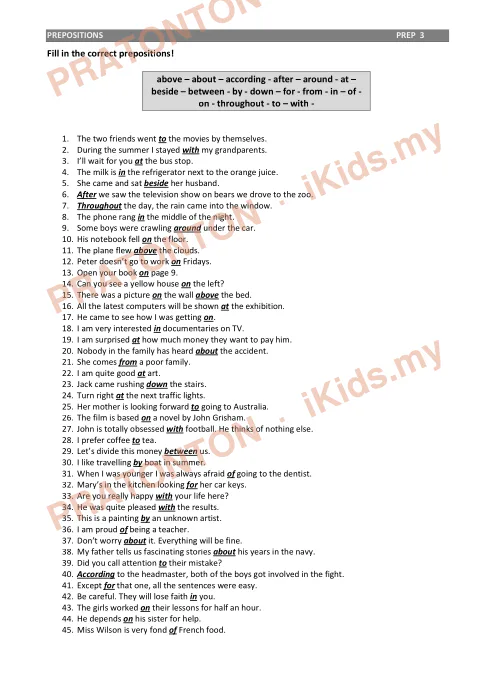 Pratonton muka 2 lembaran PREPOSITIONS — Bahasa Inggeris Tahun 1