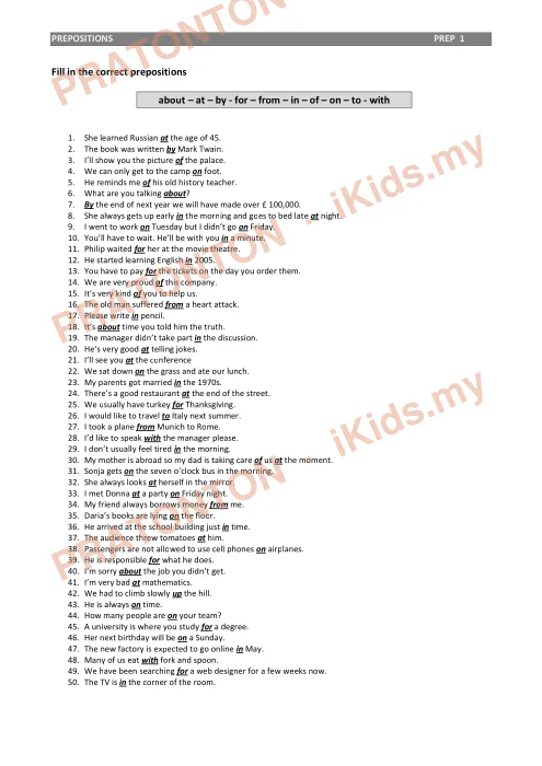 Pratonton muka 2 lembaran PREPOSITIONS — Bahasa Inggeris Tahun 1