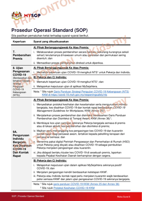 Pratonton muka 9 lembaran Prosedur Operasi Standard (SOP) — Bahasa Melayu Tahun 1