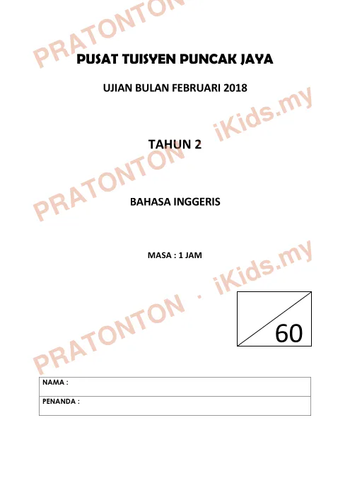 Pratonton muka 1 lembaran PUSAT TUISYEN PUNCAK JAYA — Bahasa Inggeris Tahun 2