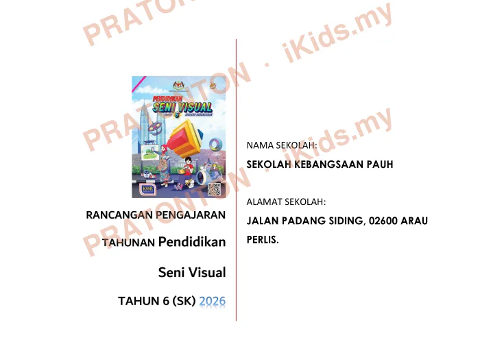 Pratonton muka 1 lembaran Rancangan Pengajaran Pendidikan Kesenian — SK Pauh — Pendidikan Kesenian Tahun 6