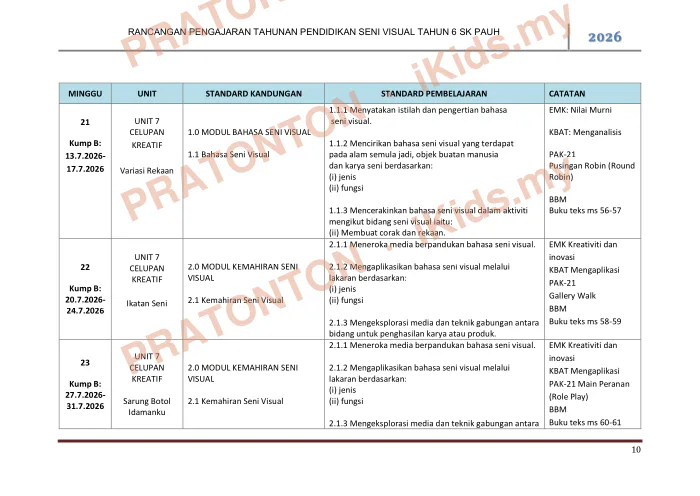 Pratonton muka 11 lembaran Rancangan Pengajaran Pendidikan Kesenian — SK Pauh — Pendidikan Kesenian Tahun 6