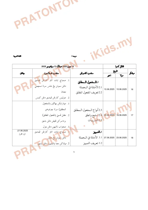 Pratonton muka 6 lembaran Rancangan Pengajaran Sesi Akademik 2025/2026 — Bahasa Arab Darjah 6 — Pendidikan Islam Tahun 6