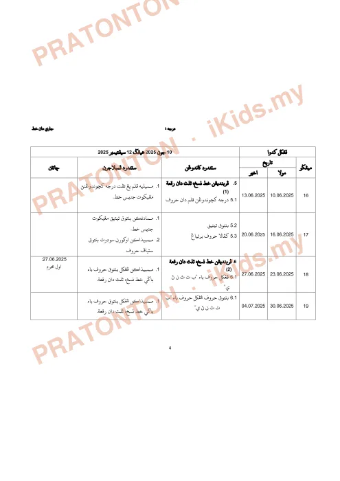 Pratonton muka 5 lembaran Rancangan Pengajaran Sesi Akademik 2025/2026 — Jawi dan Khat Darjah 6 — Pendidikan Islam Tahun 6