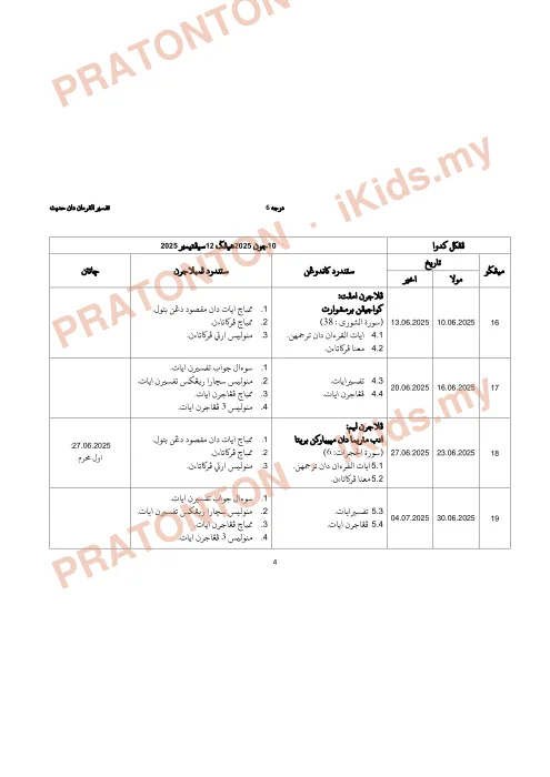 Pratonton muka 5 lembaran Rancangan Pengajaran Sesi Akademik 2025/2026 — Tafsir Al-Quran dan Hadis Darjah 6 — Pendidikan Islam Tahun 6