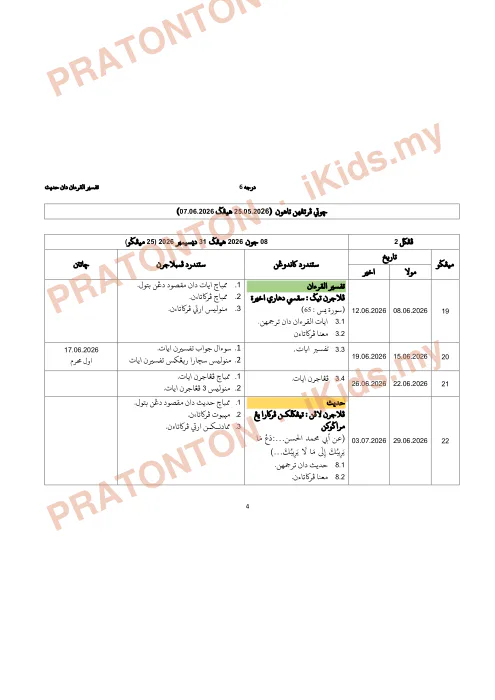Pratonton muka 5 lembaran Rancangan Pengajaran Sesi Akademik 2026 — Tafsir Al-Quran dan Hadis Darjah 6 — Pendidikan Islam Tahun 6