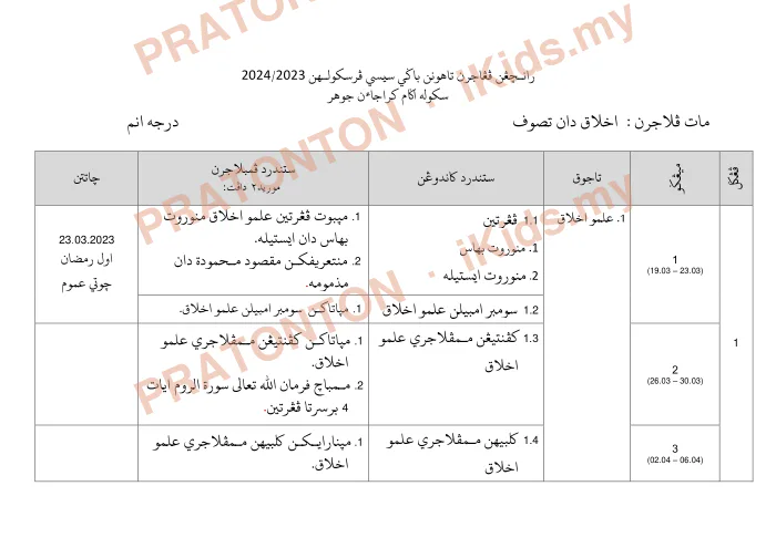 Pratonton muka 1 lembaran Rancangan Pengajaran Tahunan 2023/2024 — Sekolah Agama Kerajaan Johor — Pendidikan Islam Tahun 6