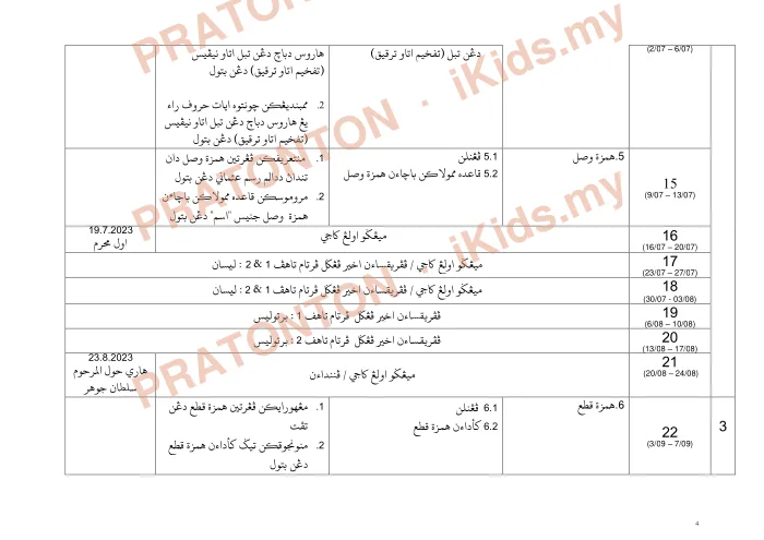 Pratonton muka 4 lembaran Rancangan Pengajaran Tahunan 2023/2024 — Tajwid Darjah 6 — Pendidikan Islam Tahun 6