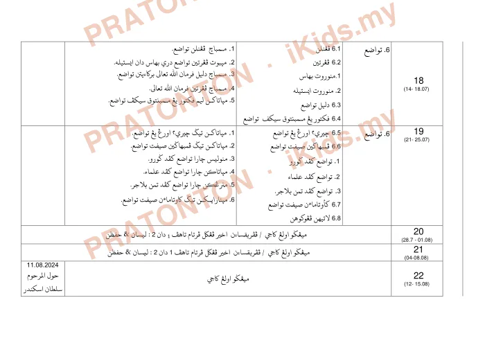 Pratonton muka 6 lembaran Rancangan Pengajaran Tahunan 2024/2025 — Akhlak dan Tasawuf Darjah 6 — Pendidikan Islam Tahun 6