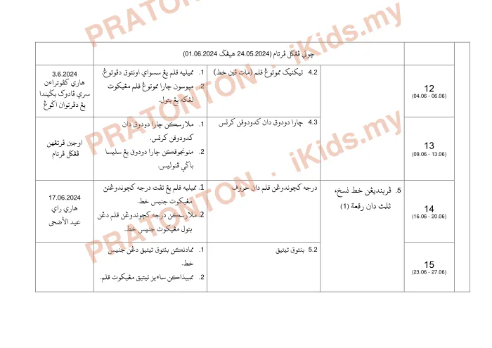 Pratonton muka 5 lembaran Rancangan Pengajaran Tahunan 2024/2025 — Jawi dan Khat Darjah 6 — Pendidikan Islam Tahun 6