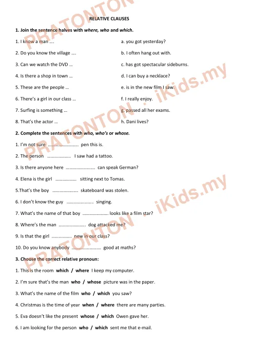 Pratonton muka 1 lembaran RELATIVE CLAUSES — Bahasa Inggeris Tahun 1