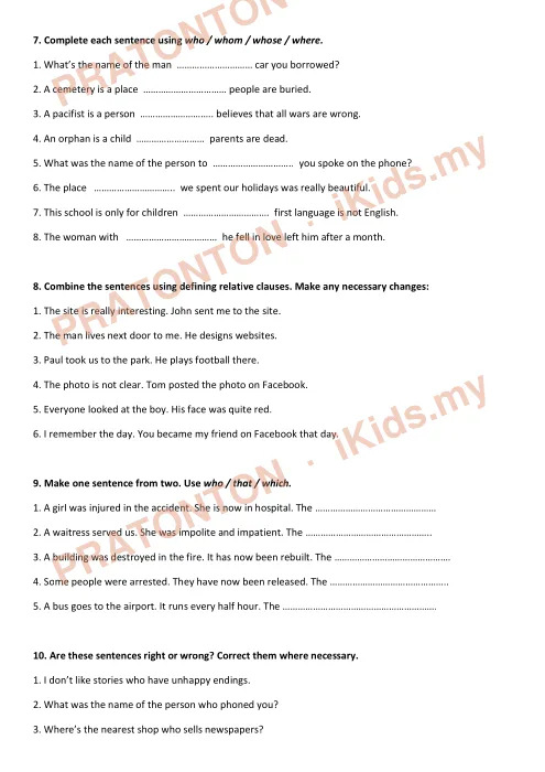 Pratonton muka 3 lembaran RELATIVE CLAUSES — Bahasa Inggeris Tahun 1