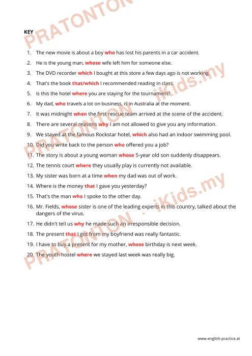 Pratonton muka 2 lembaran Relative Pronuns — Bahasa Inggeris Tahun 1