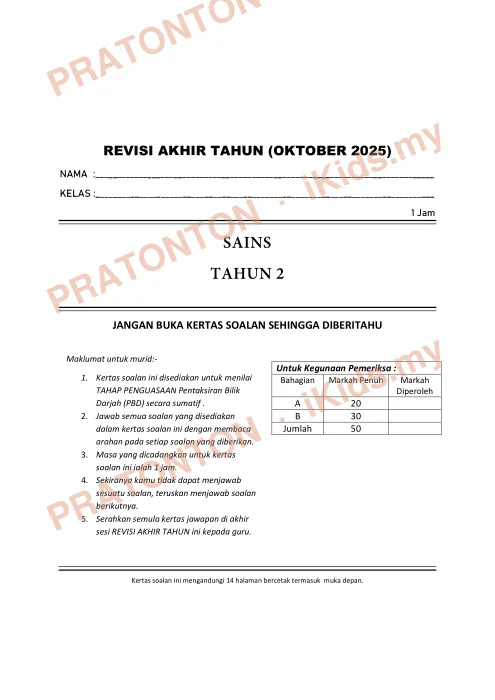 Pratonton muka 1 lembaran REVISI AKHIR TAHUN (OKTOBER 2025) — Sains Tahun 2