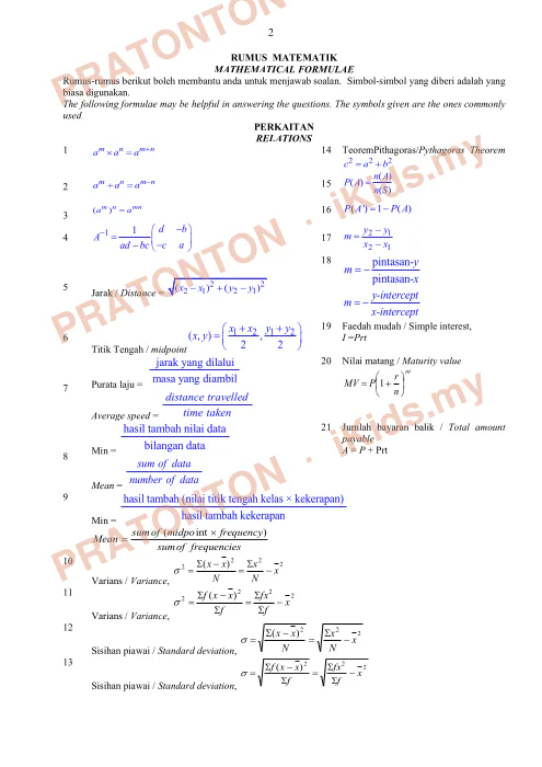 Pratonton muka 1 lembaran RUMUS MATEMATIK — Matematik Tahun 1