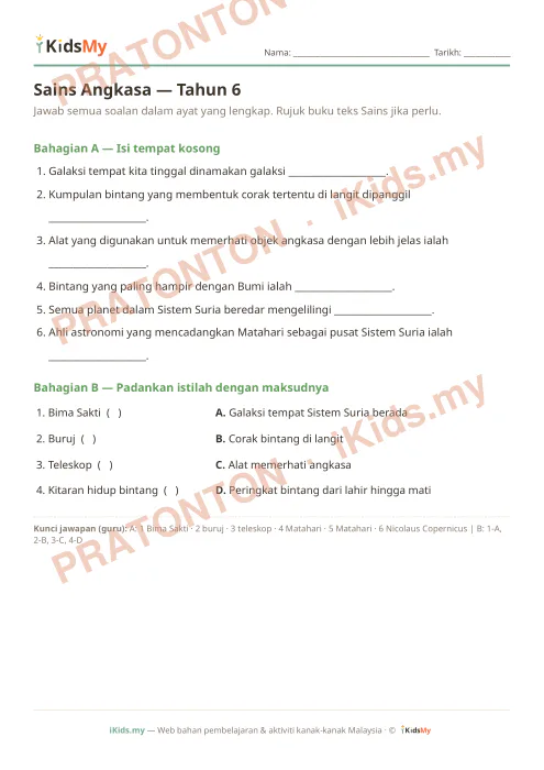 Pratonton muka 1 lembaran Sains Angkasa — Tahun 6 — Sains Tahun 6