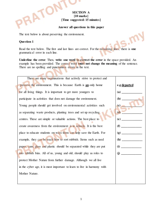 Pratonton muka 1 lembaran SECTION A — Bahasa Inggeris Tahun 3