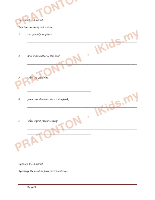 Pratonton muka 3 lembaran Section A (20 Marks) — Bahasa Inggeris Tahun 2
