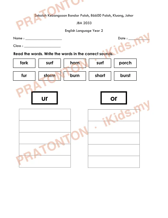 Pratonton muka 1 lembaran Sekolah Kebangsaan Bandar Paloh, 86600 Paloh, Kluang, Johor — Bahasa Inggeris Tahun 2