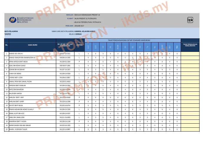 Pratonton muka 1 lembaran SEKOLAH : SEKOLAH KEBANGSAAN PRESINT 16 — Sains Tahun 1