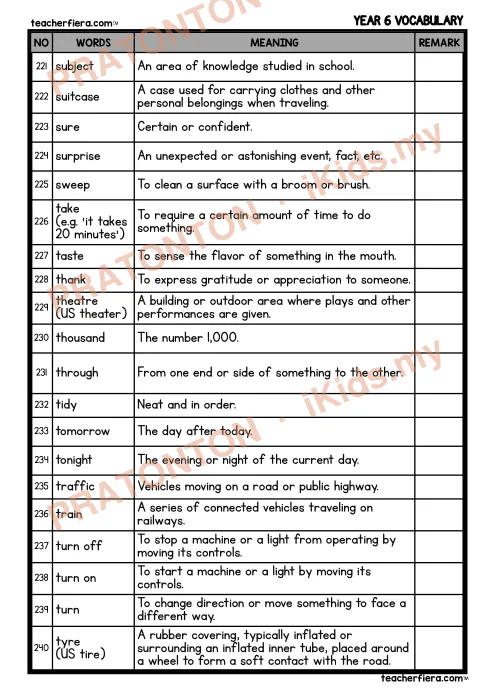 Pratonton muka 2 lembaran Senarai Kosa Kata Bahasa Inggeris Tahun 6 — Bahagian 6 — Bahasa Inggeris Tahun 6
