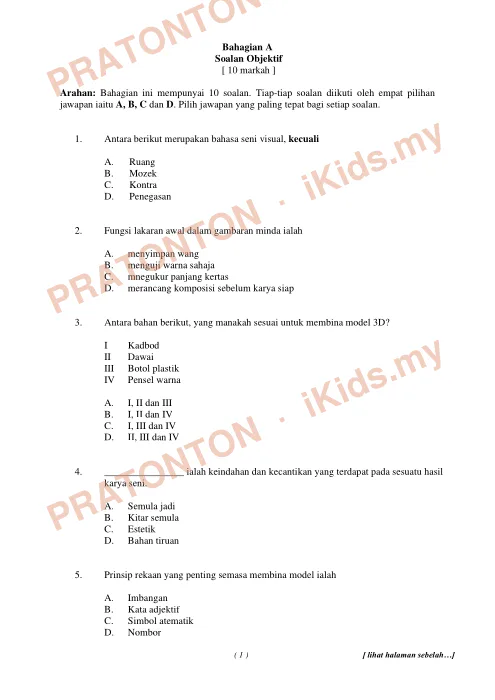 Pratonton muka 1 lembaran Seni Bahagian A — Pendidikan Kesenian Tahun 6