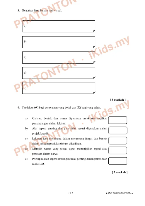Pratonton muka 5 lembaran Seni Bahagian A — Pendidikan Kesenian Tahun 6
