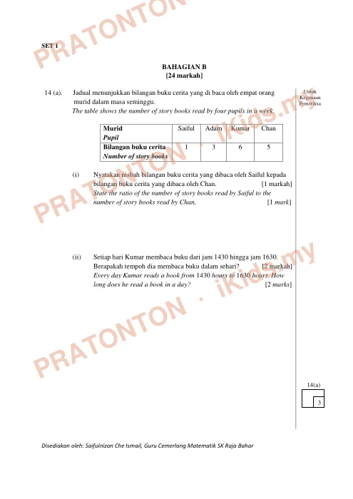 Pratonton muka 7 lembaran Latihan Matematik Set 1 — Matematik Tahun 4