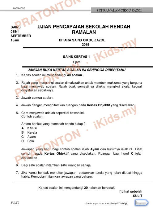 Pratonton muka 1 lembaran Set Ramalan UPSR — Sains Kertas 1 — Sains Tahun 6