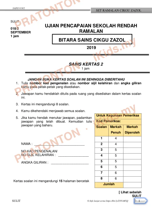 Pratonton muka 1 lembaran Set Ramalan UPSR — Sains Kertas 2 — Sains Tahun 6