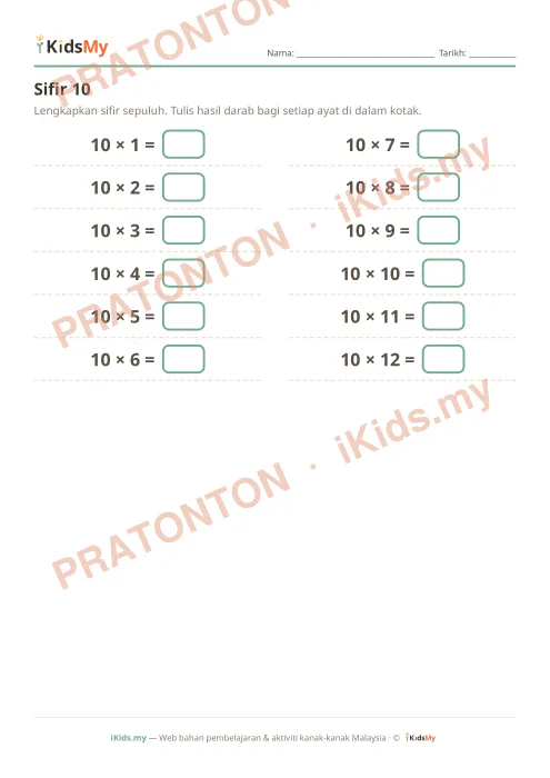 Pratonton muka 1 lembaran Sifir 10 — Matematik Tahun 2