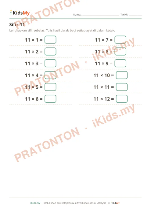 Pratonton muka 1 lembaran Sifir 11 — Matematik Tahun 3