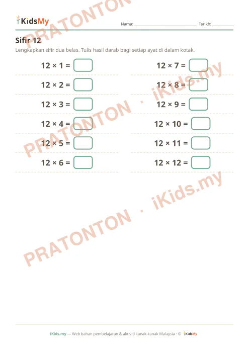 Pratonton muka 1 lembaran Sifir 12 — Matematik Tahun 3