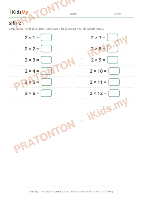 Pratonton muka 1 lembaran Sifir 2 — Matematik Tahun 2