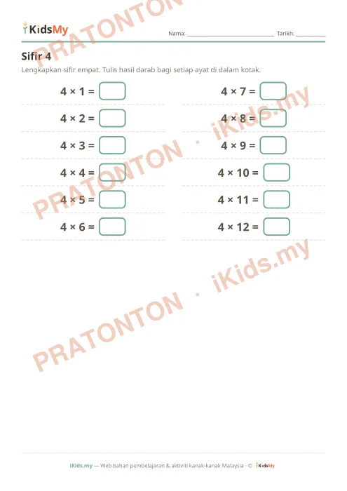 Pratonton muka 1 lembaran Sifir 4 — Matematik Tahun 2