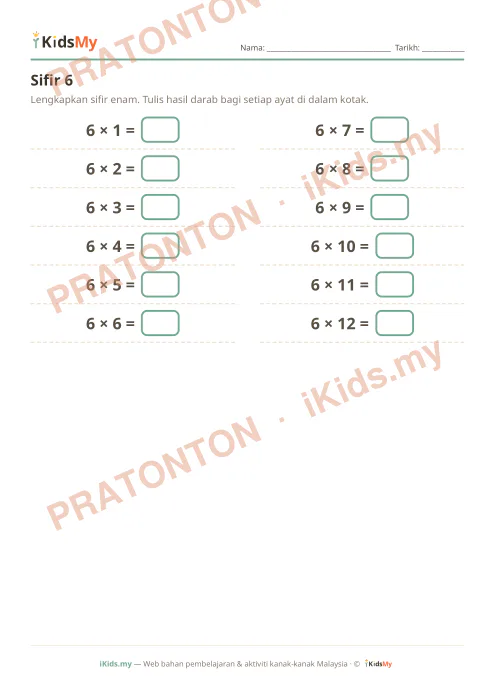 Pratonton muka 1 lembaran Sifir 6 — Matematik Tahun 3