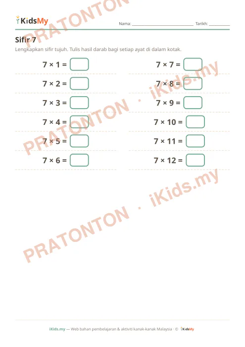 Pratonton muka 1 lembaran Sifir 7 — Matematik Tahun 3