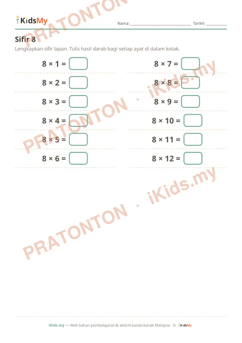 Pratonton muka 1 lembaran Sifir 8 — Matematik Tahun 3