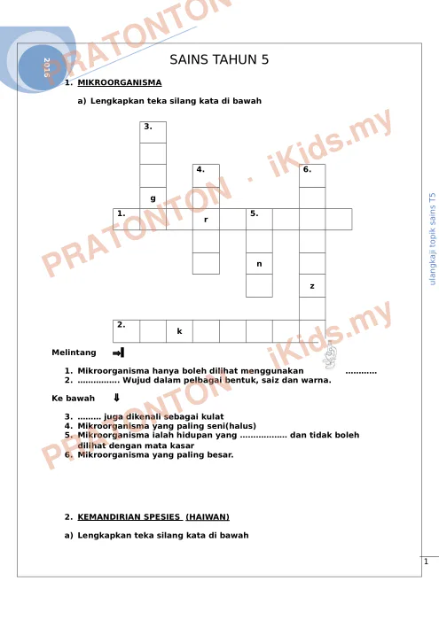 Pratonton muka 1 lembaran Silang Kata Sains Tahun 5 — Sains Tahun 5