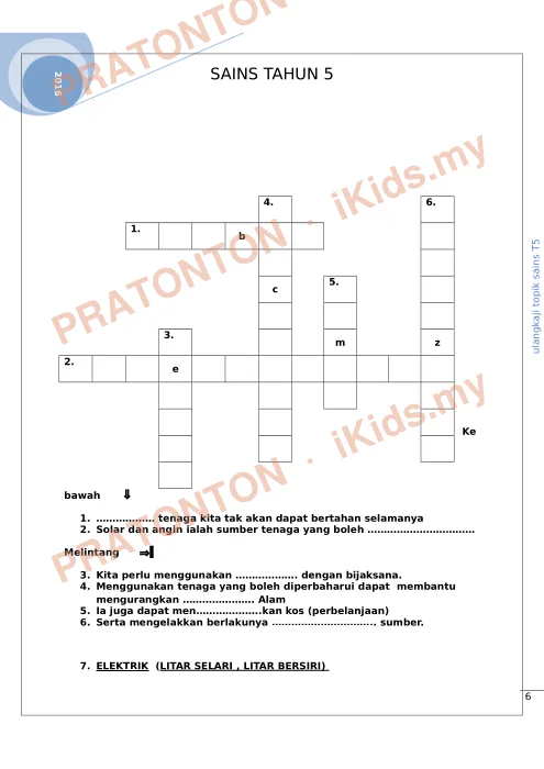 Pratonton muka 6 lembaran Silang Kata Sains Tahun 5 — Sains Tahun 5