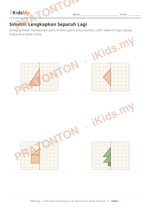 Pratonton muka 1 lembaran Simetri: Lengkapkan Separuh Lagi — Matematik Tahun 1